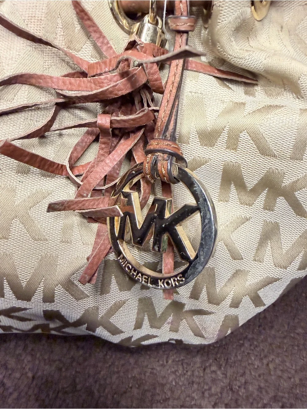Michael Kors Beige MK Logo Drawstring Hobo with Brown Leather Handles